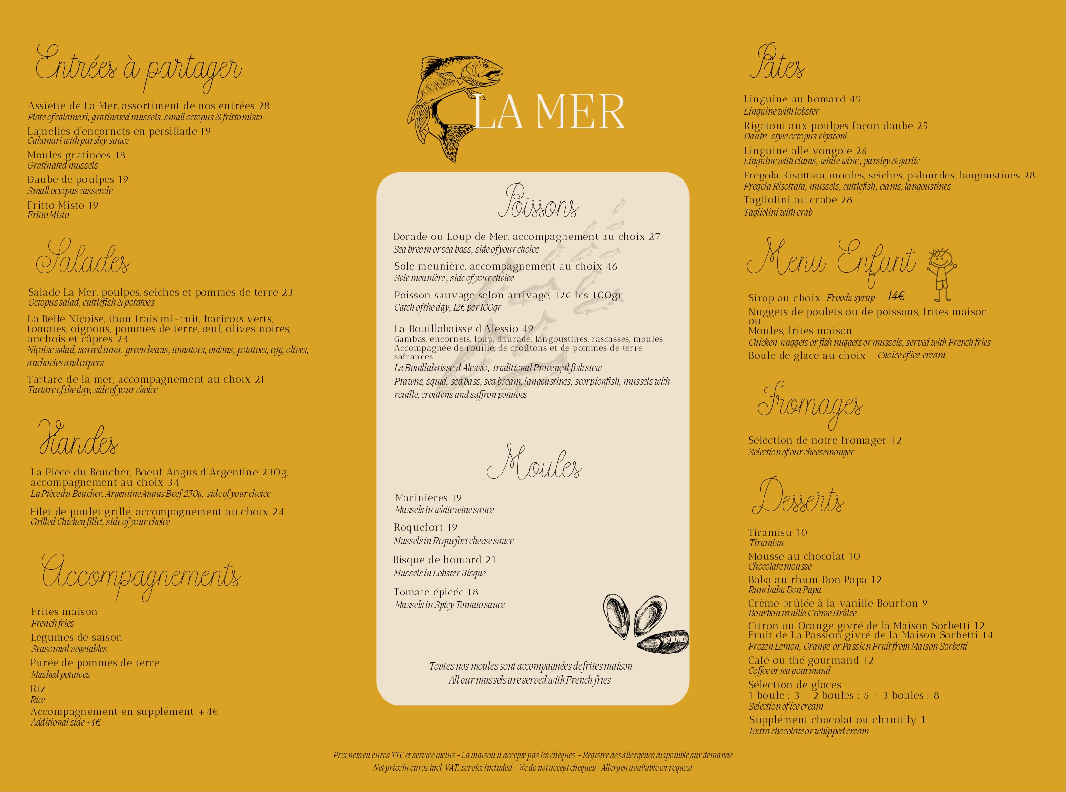 Carte du restaurant La Mer